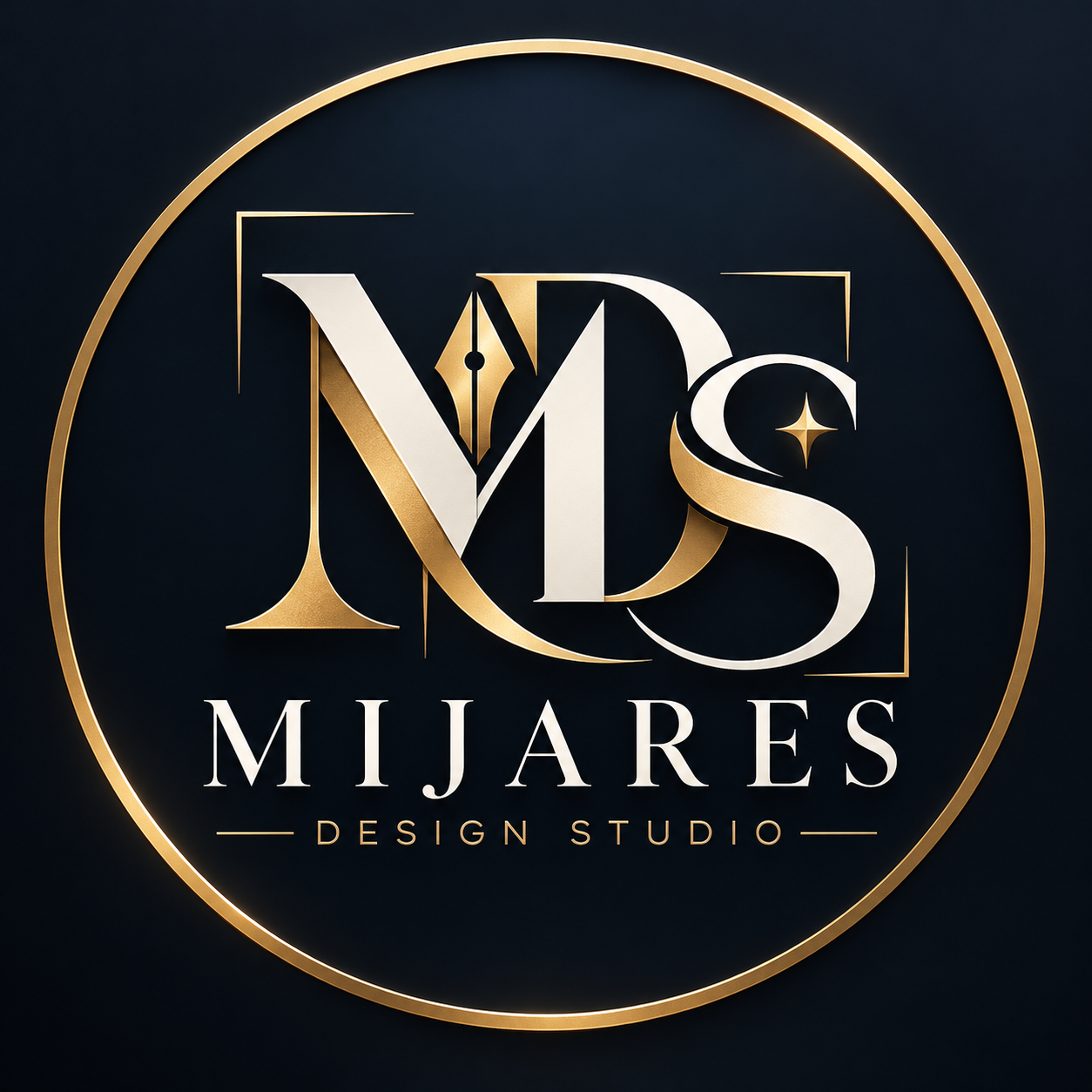 Mijares Design Studio gold monogram emblem on a dark navy background