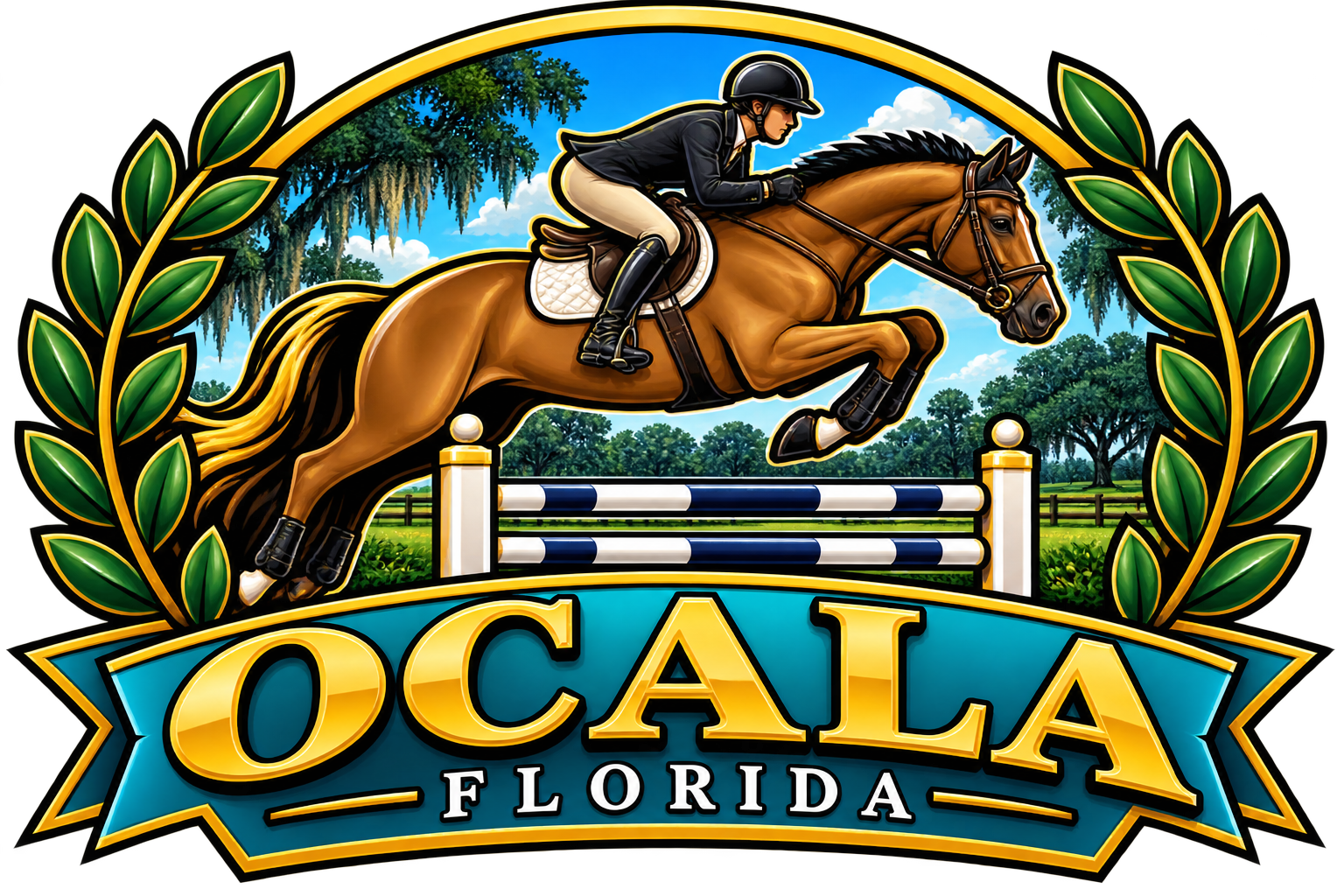 Ocala Florida equestrian design with horse and rider in decorative crest