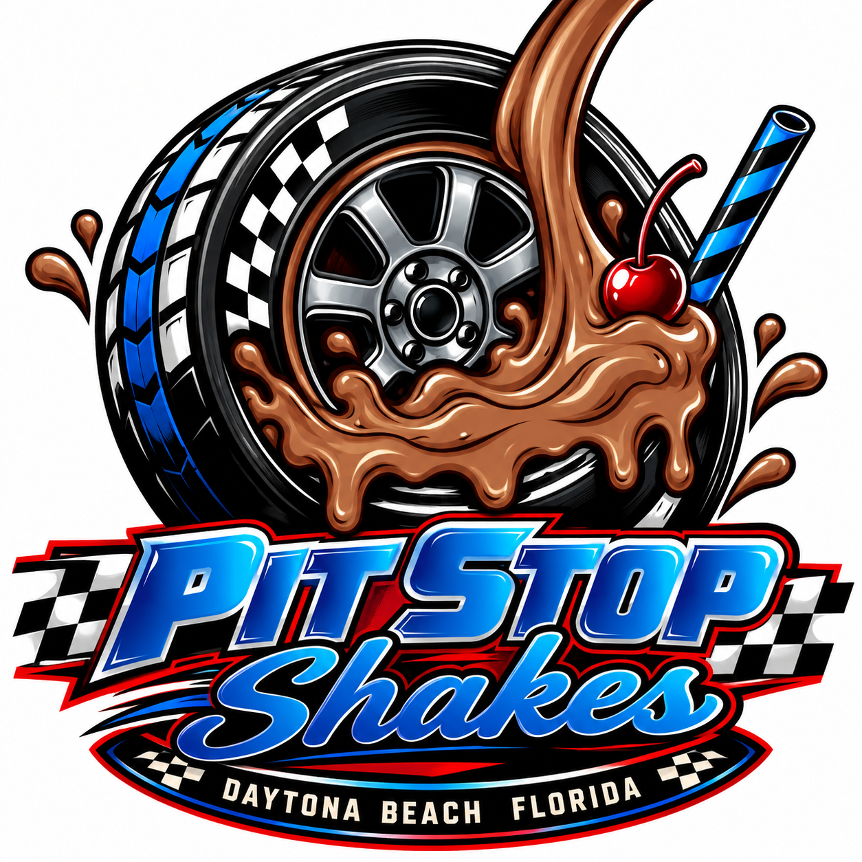 Pit Stop Shakes blue red and black motorsport milkshake logo concept